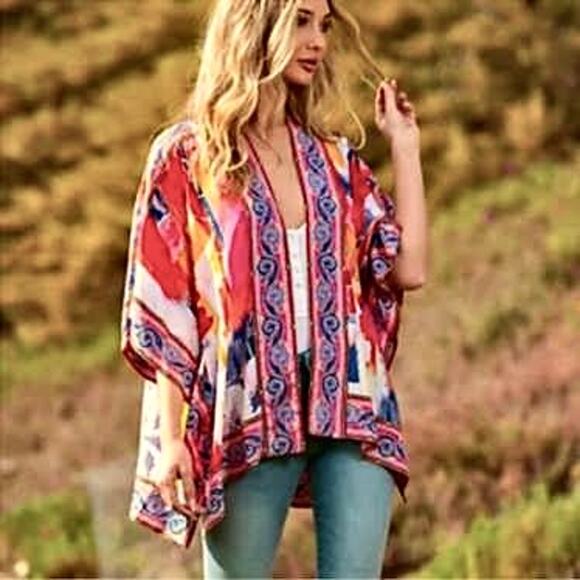 Tolani Tops - Tolani Collection Kimono Wrap Open Front Festival Boho Hippie Watercolor Asian S
